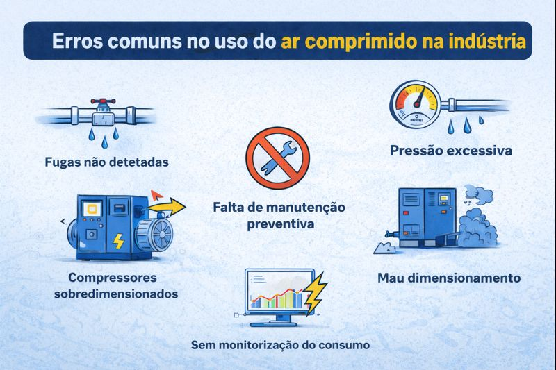 Infográfico com os erros mais comuns no uso do ar comprimido na indústria, incluindo fugas, pressão excessiva, mau dimensionamento e falta de monitorização.