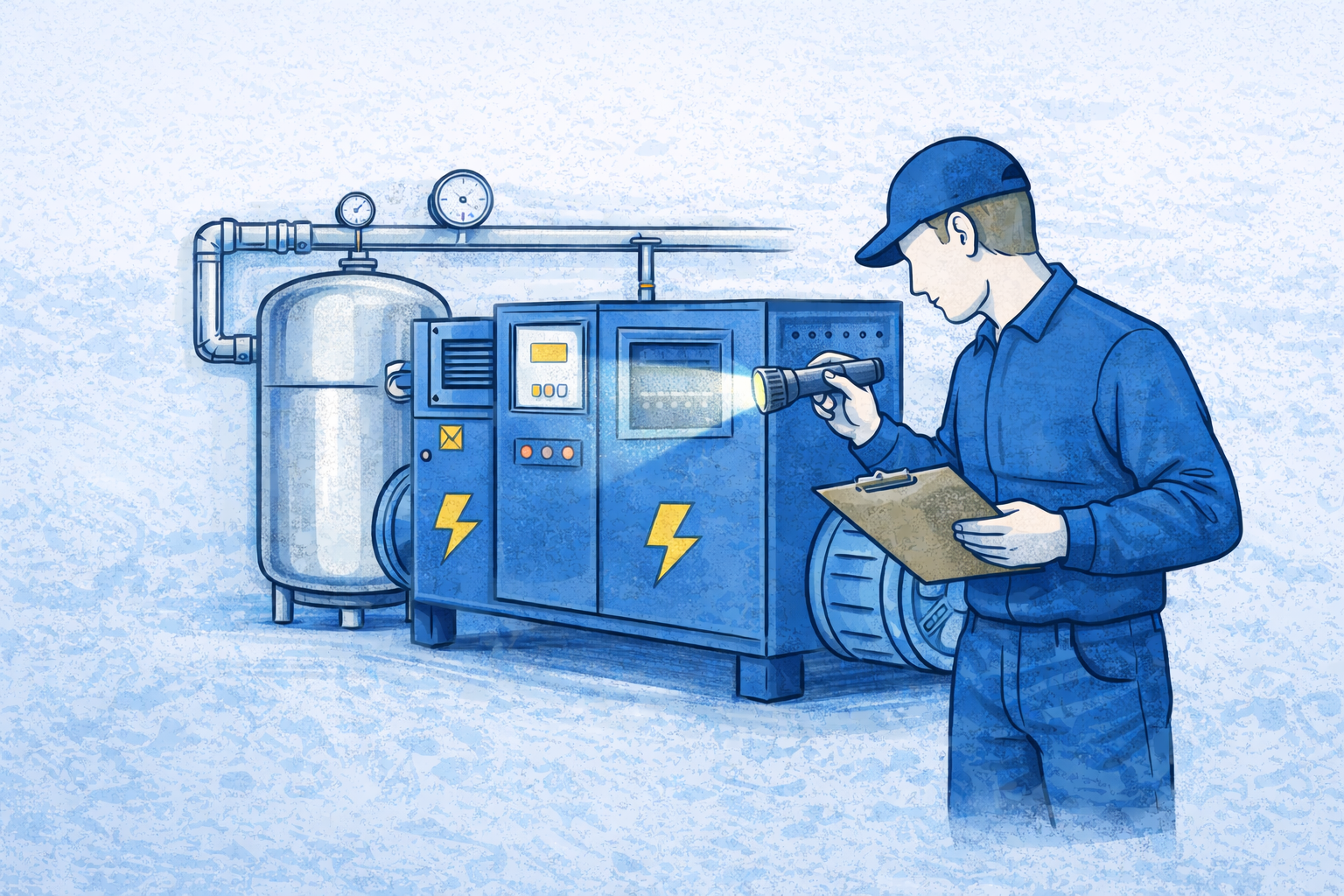 Técnico a realizar inspeção a um sistema de ar comprimido industrial durante uma avaliação técnica.